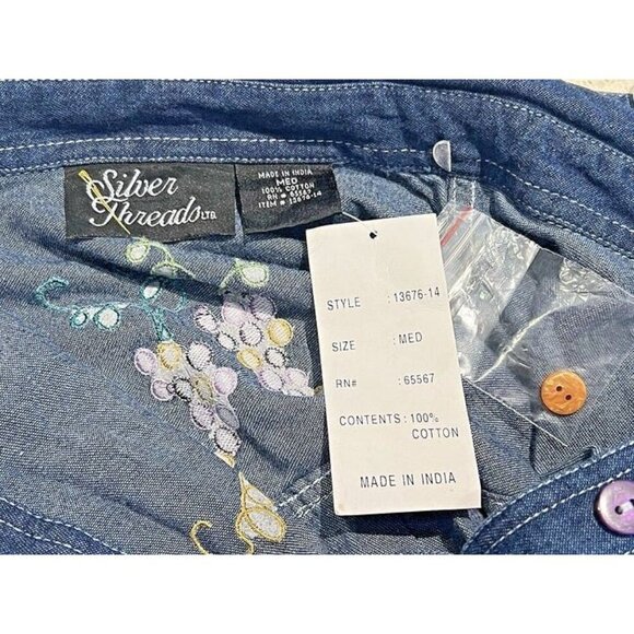 Silver Threads Wine Med Embroidered Jean ButtonUp Blouse Boho Grape Vineyard - Picture 5 of 6